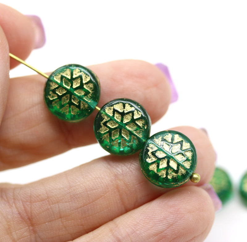 Teal green golden ornament czech glass snowflake beads 6pc