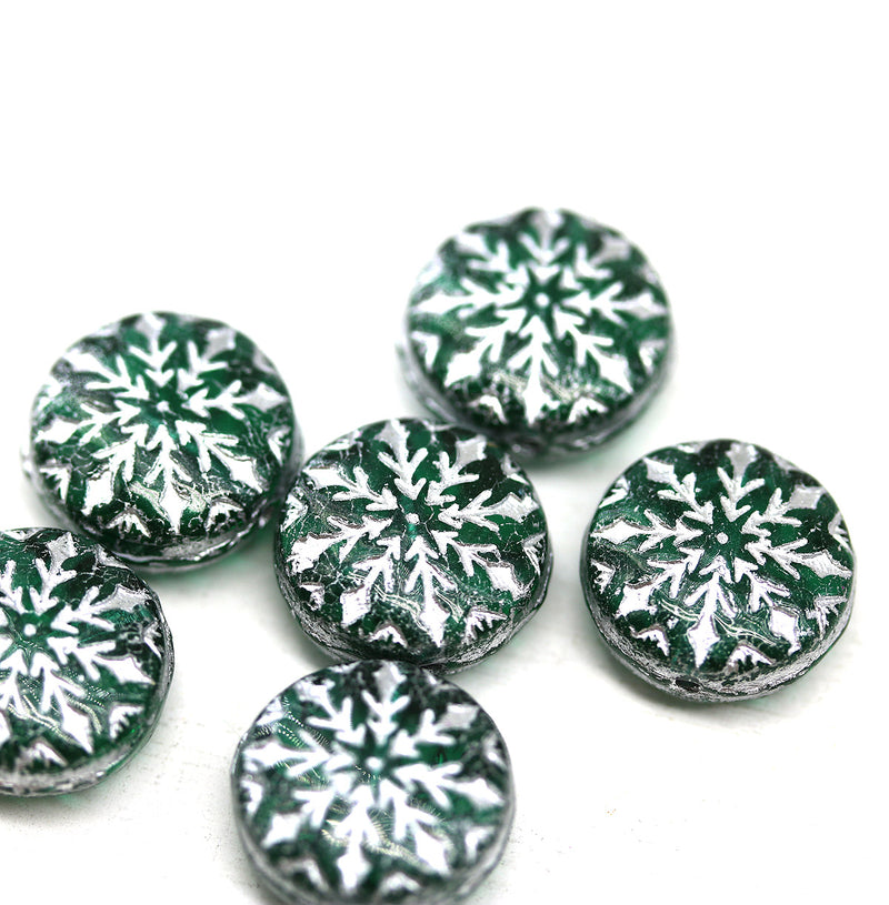 Teal green silver ornament czech glass snowflake beads 6pc