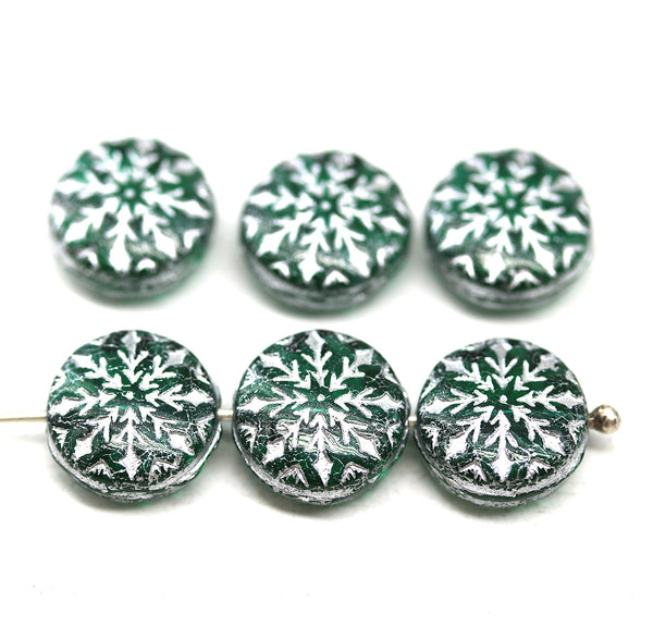 Teal green silver ornament czech glass snowflake beads 6pc