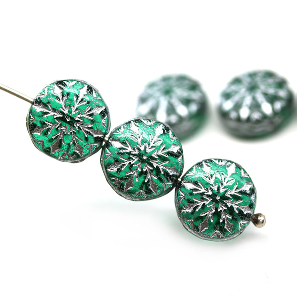 Teal green silver ornament czech glass snowflake beads 6pc