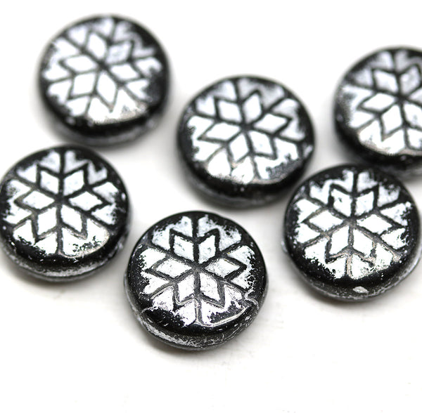 Black silver czech glass snowflake beads 6pc
