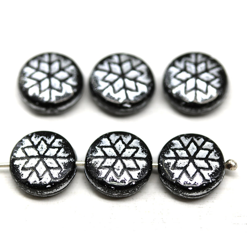 Black silver czech glass snowflake beads 6pc