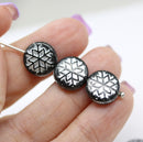 Black silver czech glass snowflake beads 6pc