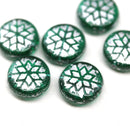 Teal green silver ornament czech glass snowflake beads 6pc