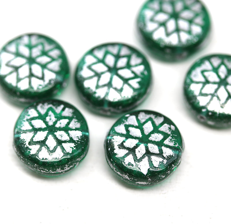 Teal green silver ornament czech glass snowflake beads 6pc