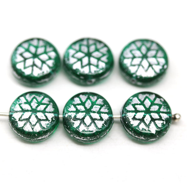 Teal green silver ornament czech glass snowflake beads 6pc