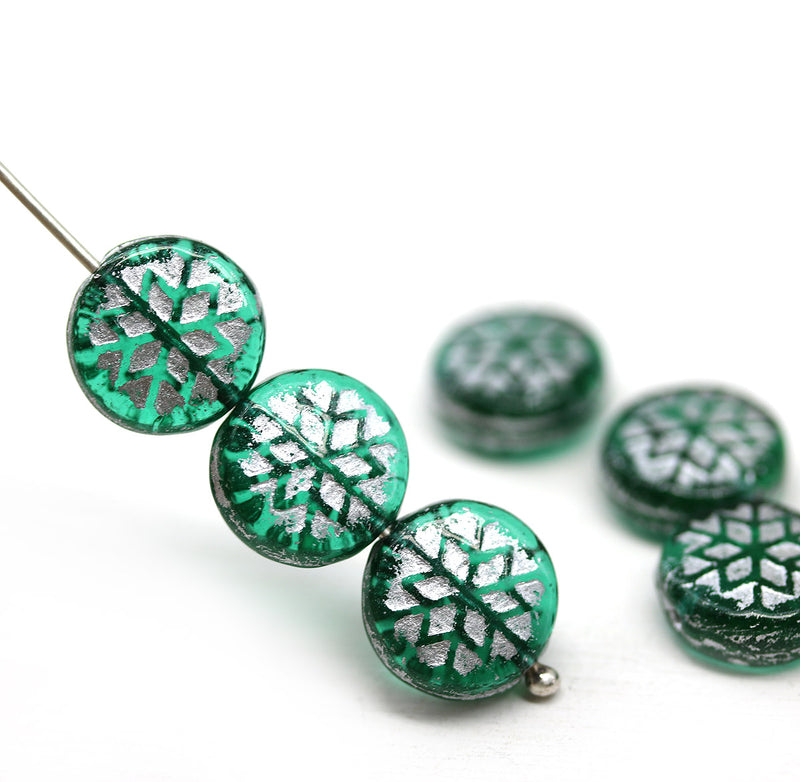 Teal green silver ornament czech glass snowflake beads 6pc