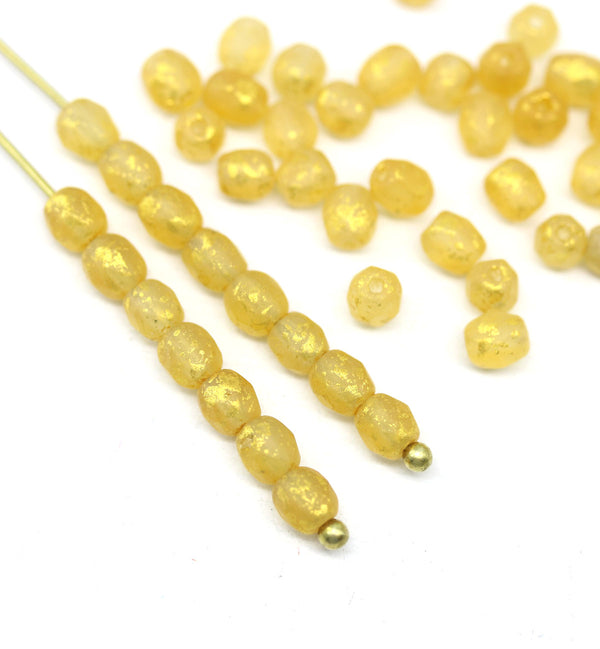 4mm Frosted yellow gold wash Czech glass beads 50Pc