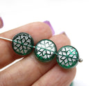 Teal green silver ornament czech glass snowflake beads 6pc