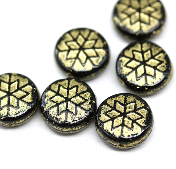 Black gold czech glass snowflake beads 6pc