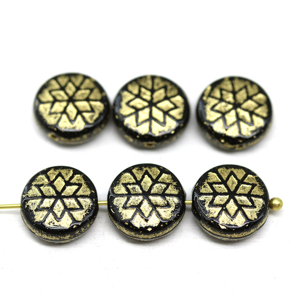 Black gold czech glass snowflake beads 6pc