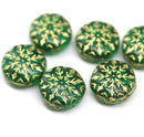 Teal green golden ornament czech glass snowflake beads 6pc