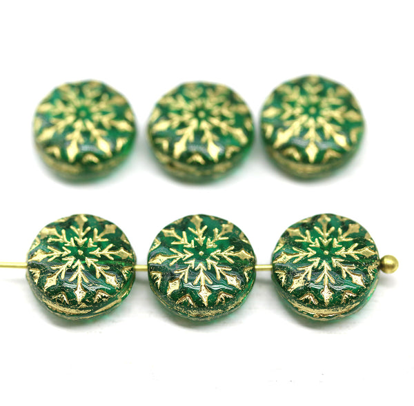 Teal green golden ornament czech glass snowflake beads 6pc