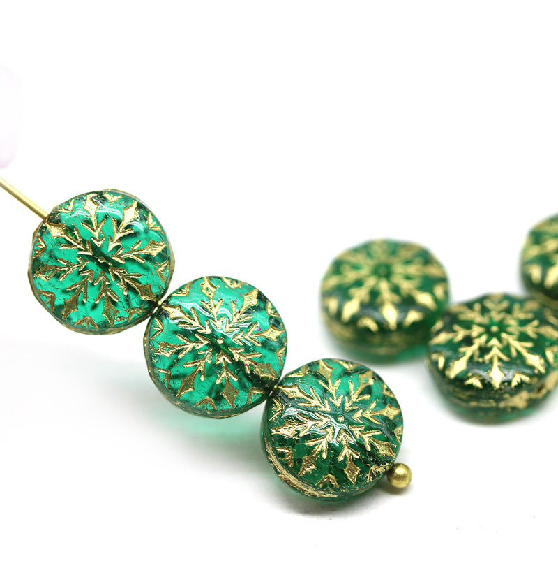Teal green golden ornament czech glass snowflake beads 6pc