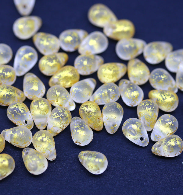 4x6mm Tiny frosted clear teardrops, Czech glass drops gold wash