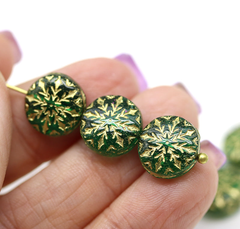 Teal green golden ornament czech glass snowflake beads 6pc