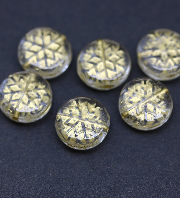 Clear golden ornament czech glass snowflake beads 6pc