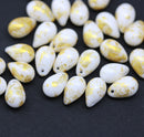 6x9mm White teardrops Czech Glass beads gold wash