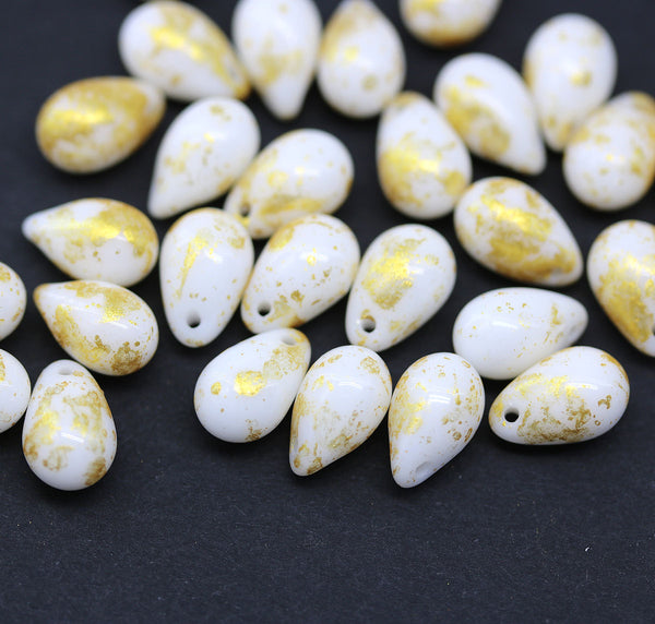 6x9mm White teardrops Czech Glass beads gold wash