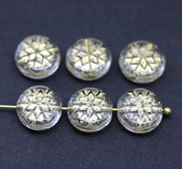 Clear golden ornament czech glass snowflake beads 6pc