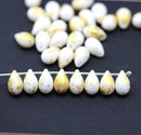 6x9mm White teardrops Czech Glass beads gold wash