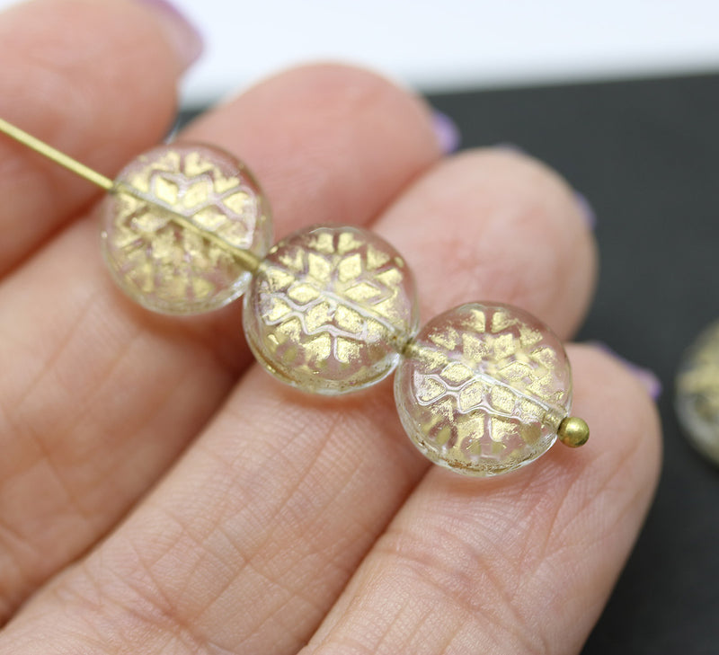 Clear golden ornament czech glass snowflake beads 6pc
