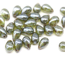 6x9mm Green picasso teardrops Czech Glass beads mirror finish 