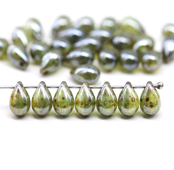 6x9mm Green picasso teardrops Czech Glass beads mirror finish 