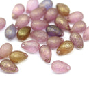6x9mm Frosted purple teardrops mix Czech Glass drop beads gold wash 