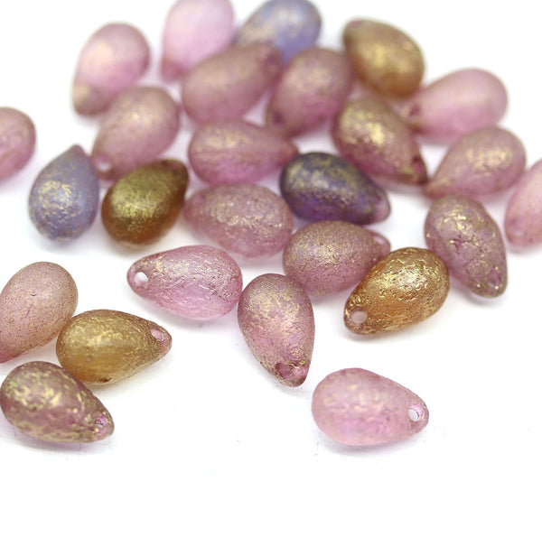 6x9mm Frosted purple teardrops mix Czech Glass drop beads gold wash 