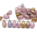 6x9mm Frosted purple teardrops mix Czech Glass drop beads gold wash 