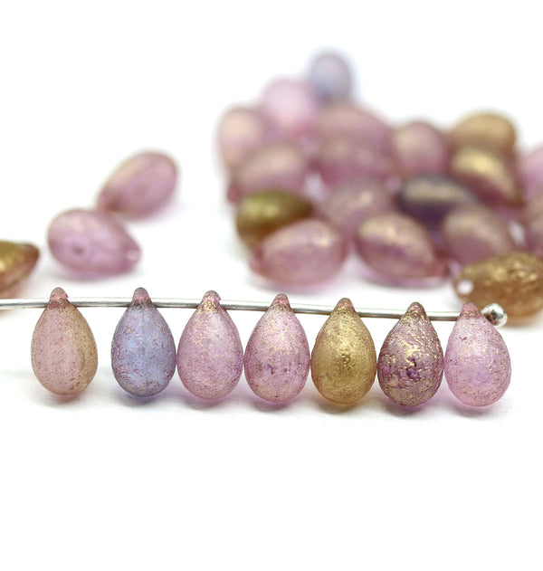 6x9mm Frosted purple teardrops mix Czech Glass drop beads gold wash 