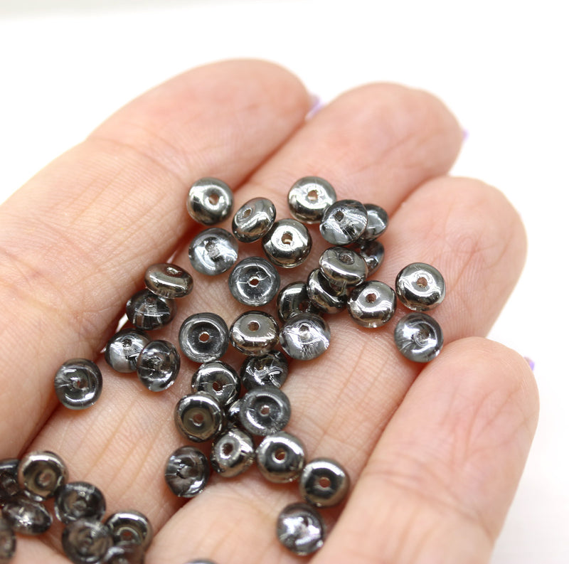 5mm Gunmetal black czech glass rondelle spacer beads 50pc
