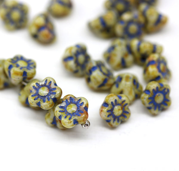 7mm Button style flower beads, Picasso Czech glass