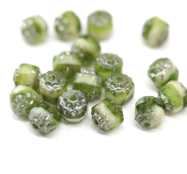 6mm Green cathedral Czech glass beads, silver finish