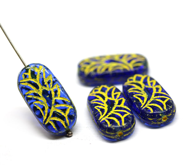25x12mm Large oval dark blue flat czech glass beads with yellow ornament - 4pc