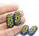 25x12mm Large oval dark blue flat czech glass beads with yellow ornament - 4pc