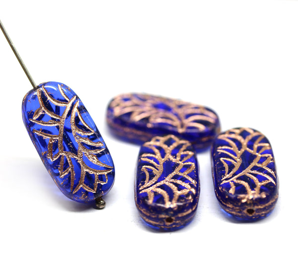 25x12mm Large oval dark blue flat czech glass beads with copper ornament - 4pc