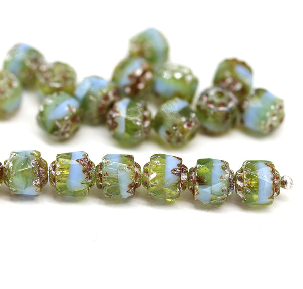6mm Blue green cathedral Czech glass beads, picasso finish 