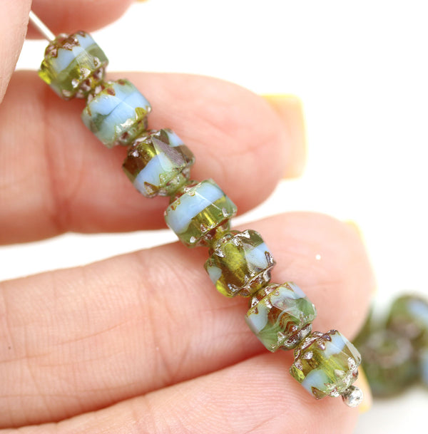 6mm Blue green cathedral Czech glass beads, picasso finish 