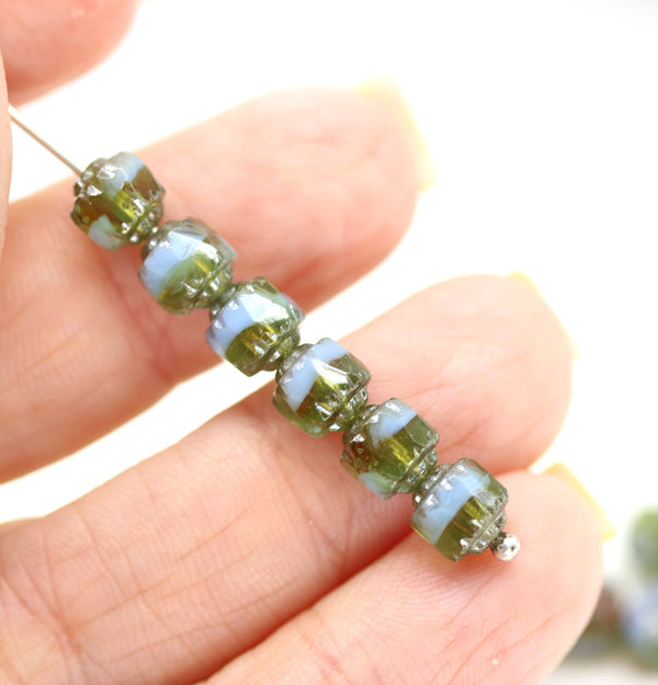 6mm Blue green cathedral Czech glass beads, silver finish - 20Pc
