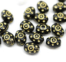9x7mm Jet black barrel czech glass beads, gold ornaments