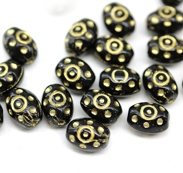 9x7mm Jet black barrel czech glass beads, gold ornaments