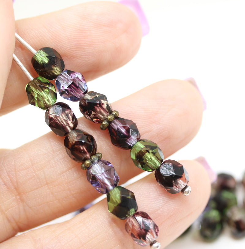 6mm Purple green mix Czech glass beads fire polished 30pc