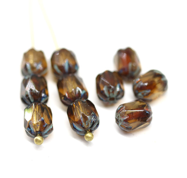 8x6mm Smokey topaz rice czech glass fire polished beads picasso ends, 10pc