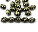 9x7mm Jet black barrel czech glass beads, gold ornaments