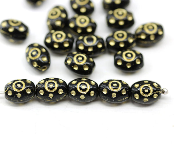 9x7mm Jet black barrel czech glass beads, gold ornaments