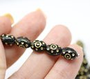 9x7mm Jet black barrel czech glass beads, gold ornaments