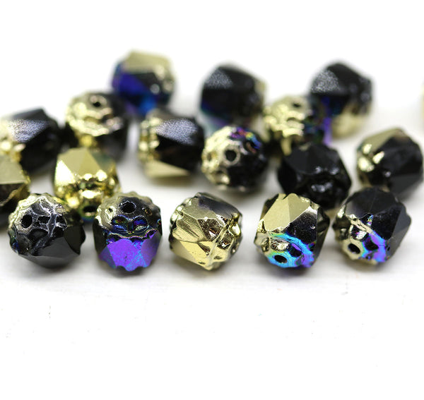 6mm Black cathedral Czech glass beads Golden finish AB, fire polished round beads