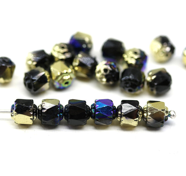 6mm Black cathedral Czech glass beads Golden finish AB, fire polished round beads